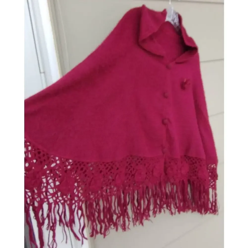 Alpaca Peru Diana Poncho Cloak Cape Crochet Fringe Brushed Rustic Burgundy O/S